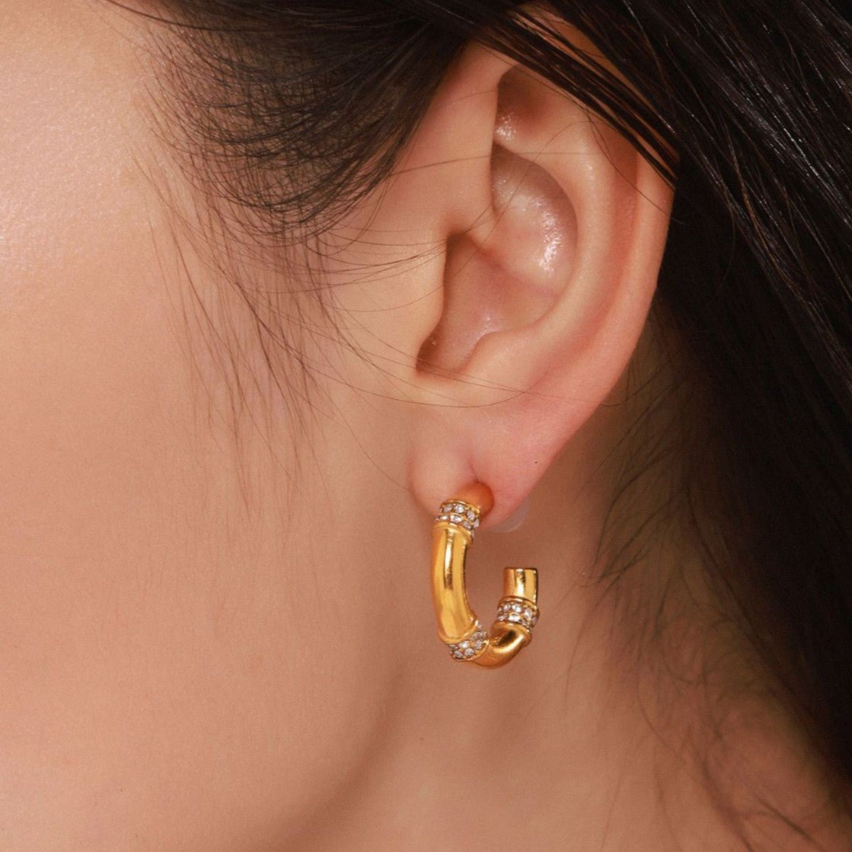 Bamboo Hoop Earrings with Zirconia - mifjewelry