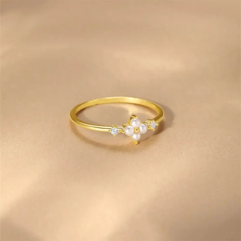 Delicate Pearl Four - Leaf Clover Ring - mifjewelry