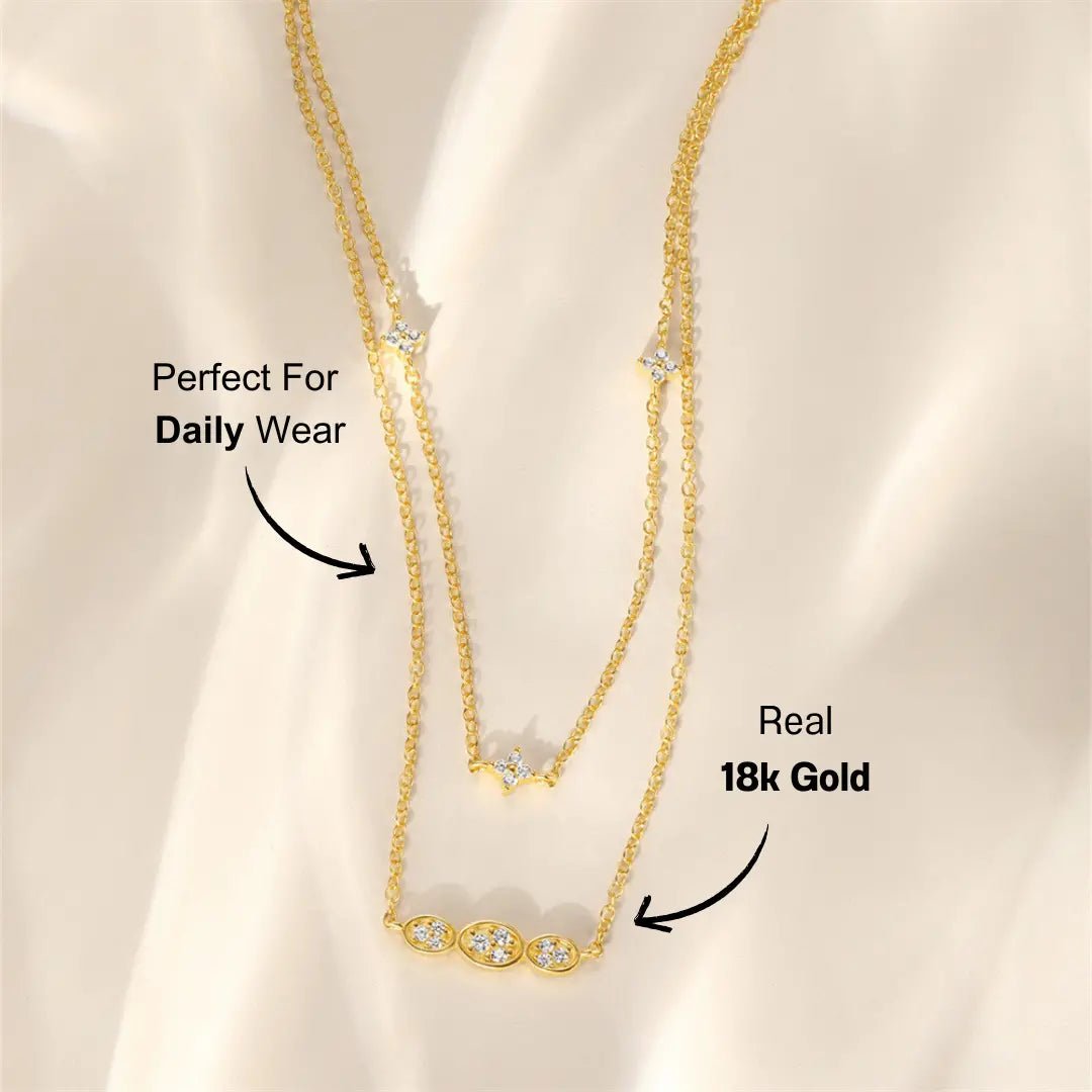 Double - Layer Clover and Oval Zirconia Necklace - mifjewelry