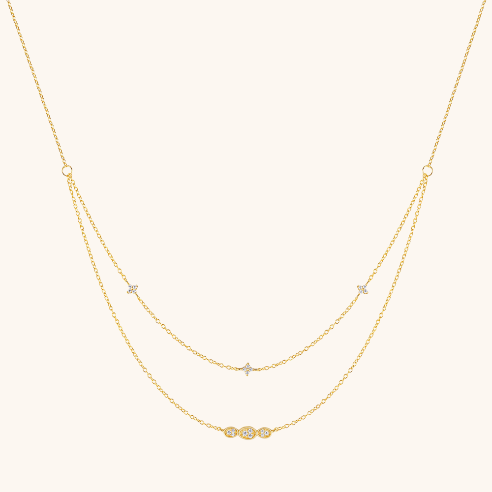 Double - Layer Clover and Oval Zirconia Necklace - mifjewelry