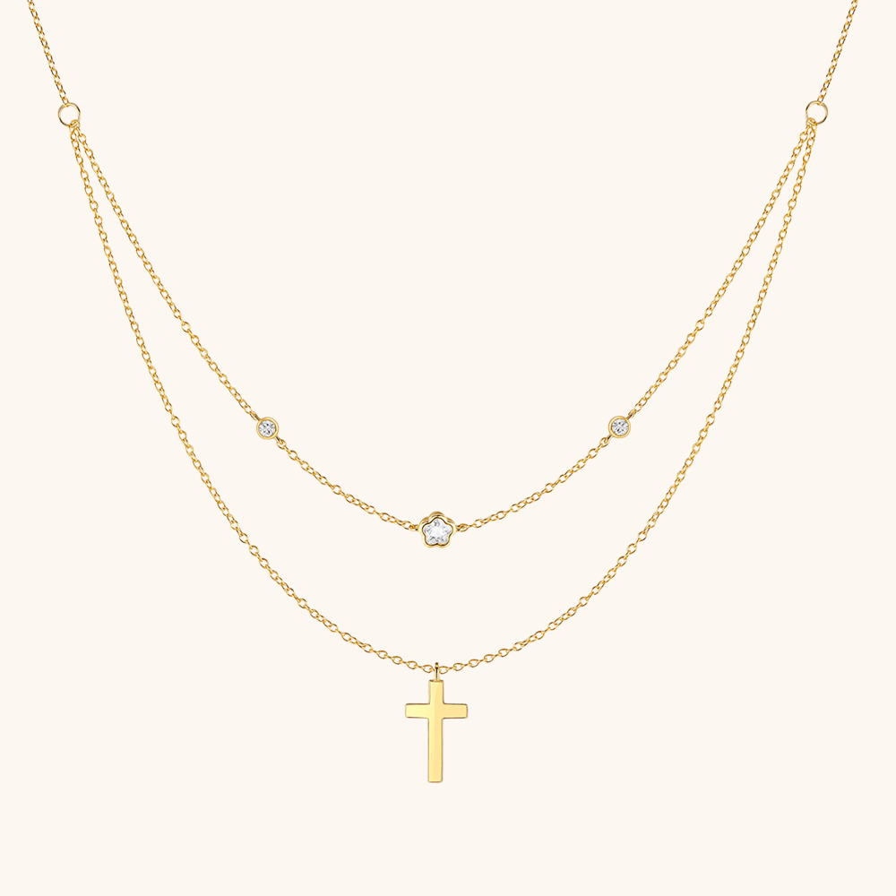 Double - Layer Cross and Flower Pendant Necklace - mifjewelry