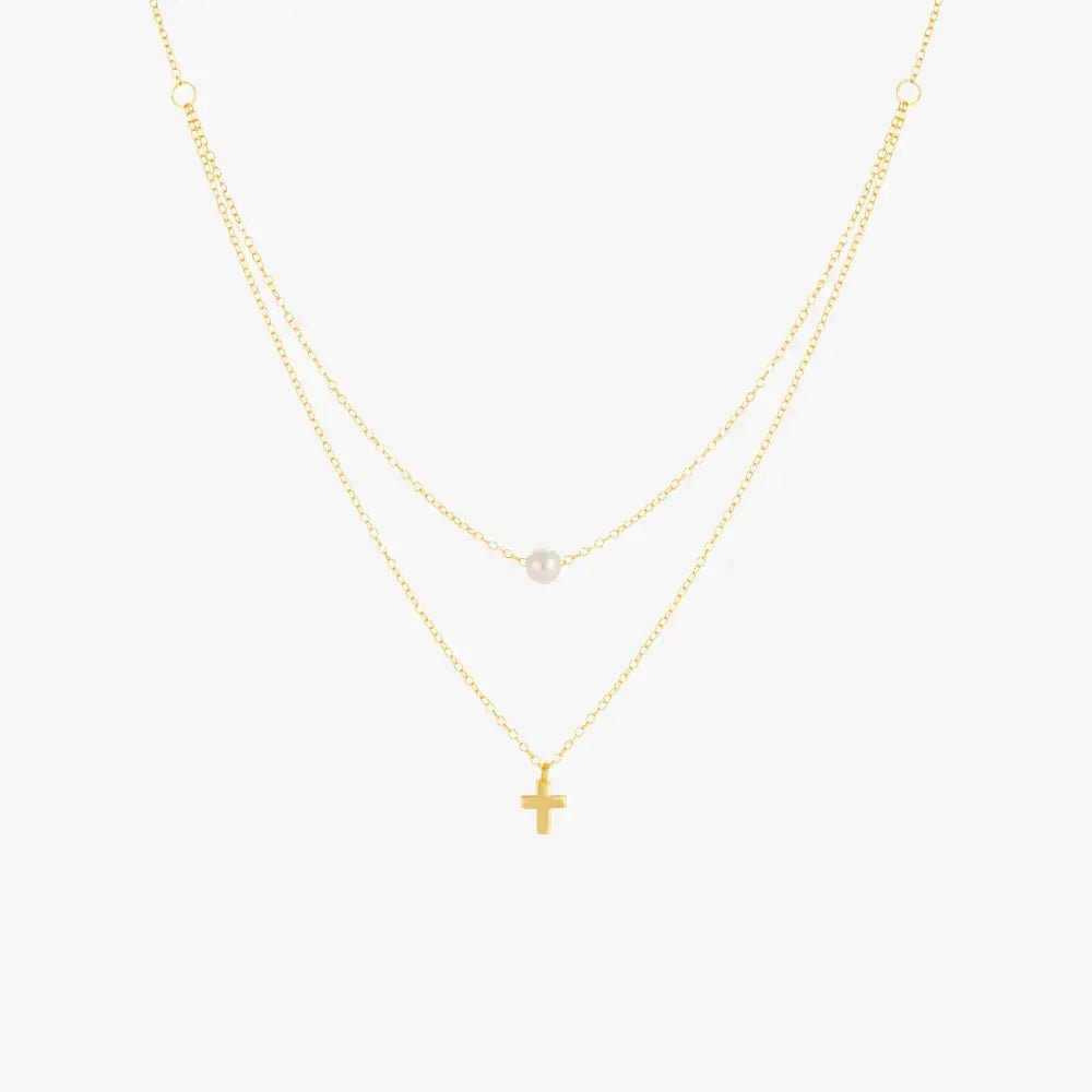 Double Layered Cross & Pearl Pendant Necklace - mifjewelry