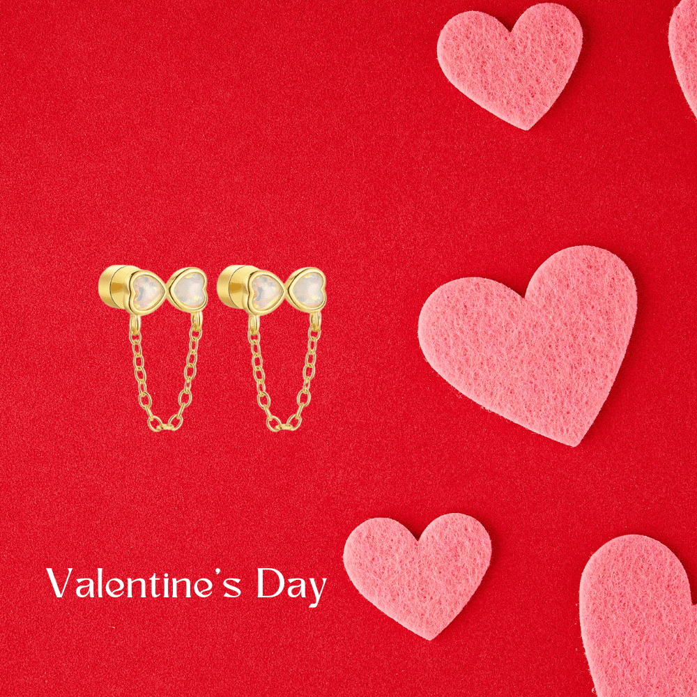 Double Opal Heart Chain Piercing Earring - mifjewelry