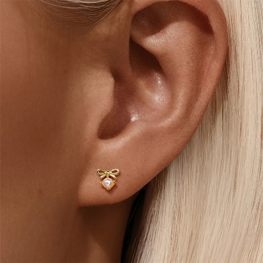 Elegant Pearl Bow Stud Earrings - mifjewelry