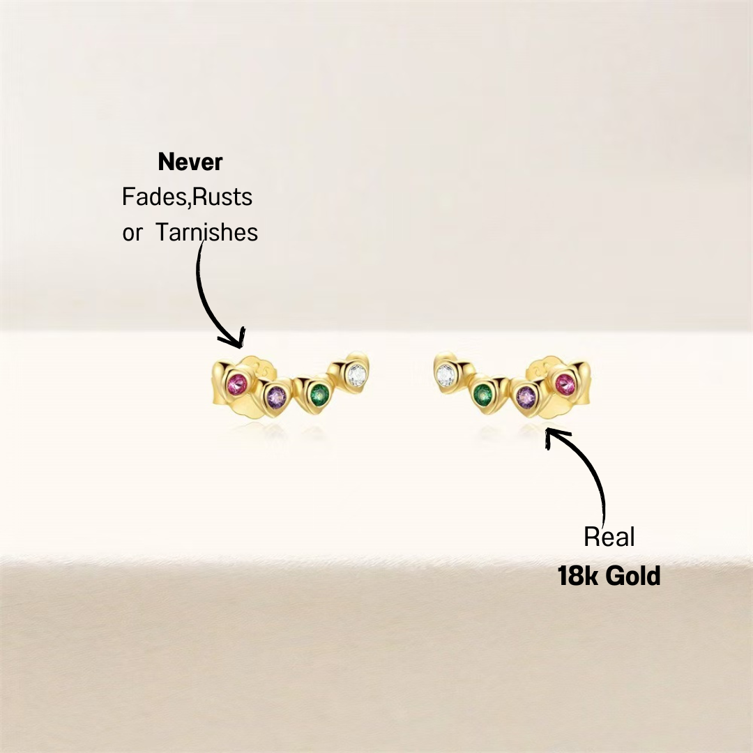 Beautiful 14k gold ear crawler earrings with multicolor gemstones, elegantly displayed on a cream backdrop to emphasize their vibrant charm.