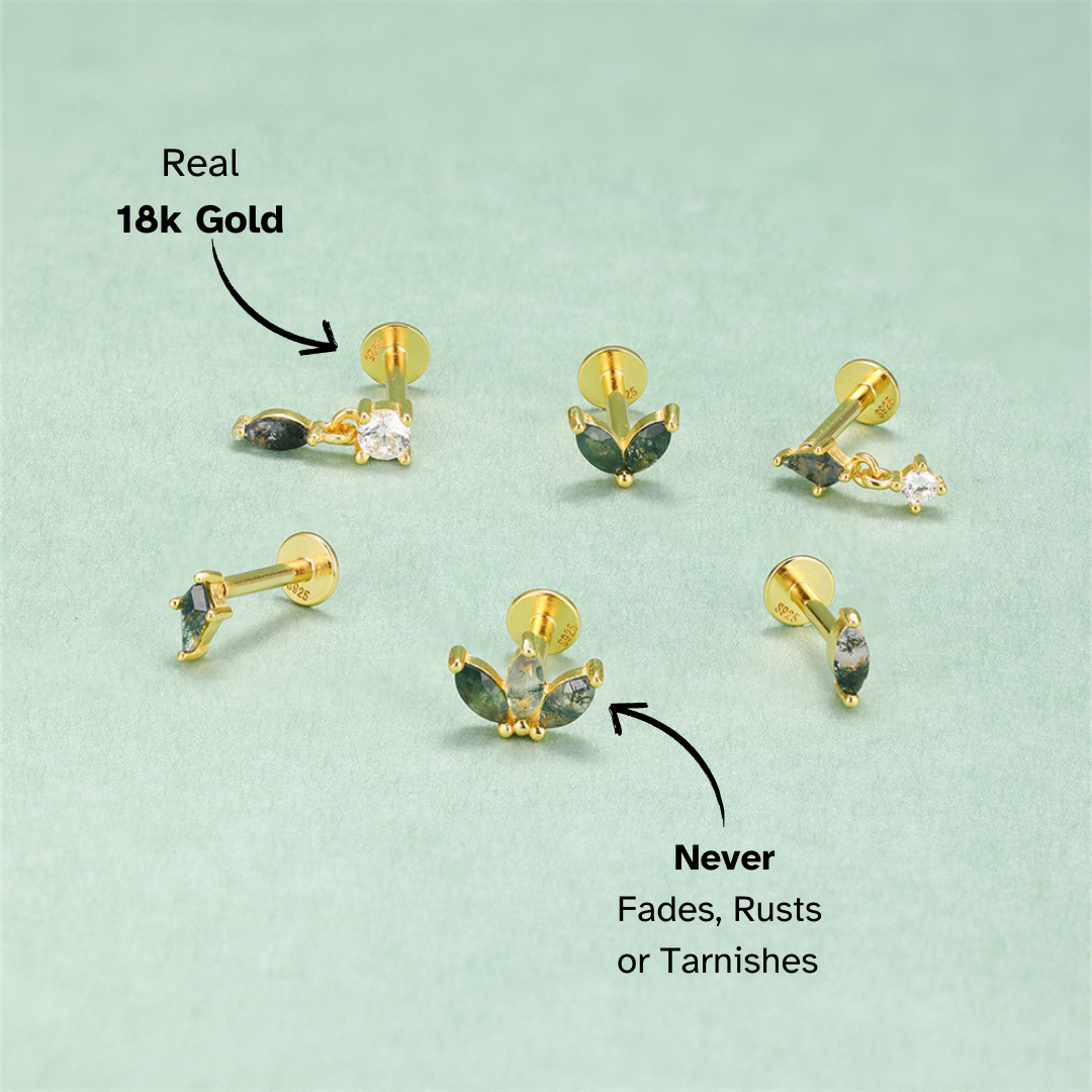 Gold Moss Agate Stud Earrings Set - 925 Sterling Silver Jewelry