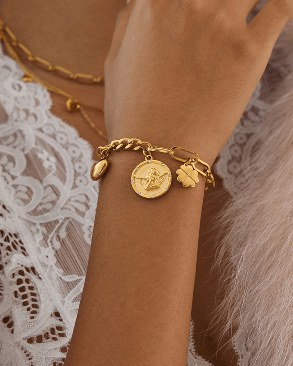 Golden Angel & Charm Link Bracelet - mifjewelry