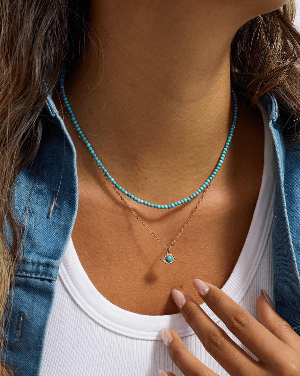 Golden Evil Eye Turquoise Beaded Layered Necklace - mifjewelry