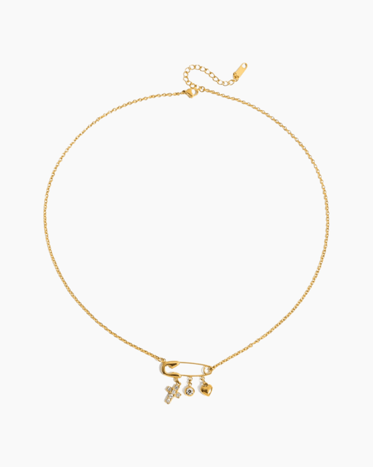 Golden Safety Pin Charm Necklace with Cross - mifjewelry