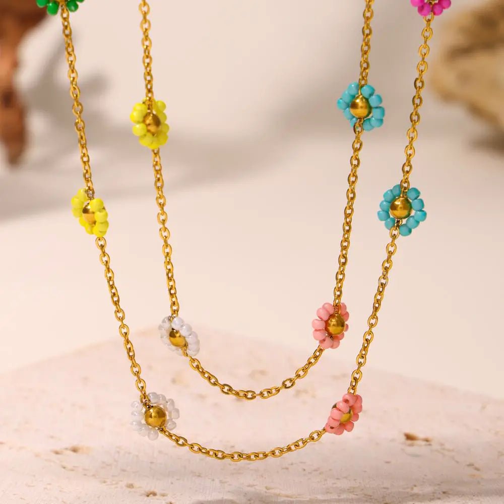 Handcrafted Stainless Steel Necklace with Colorful Glass Bead Flowers - mifjewelry