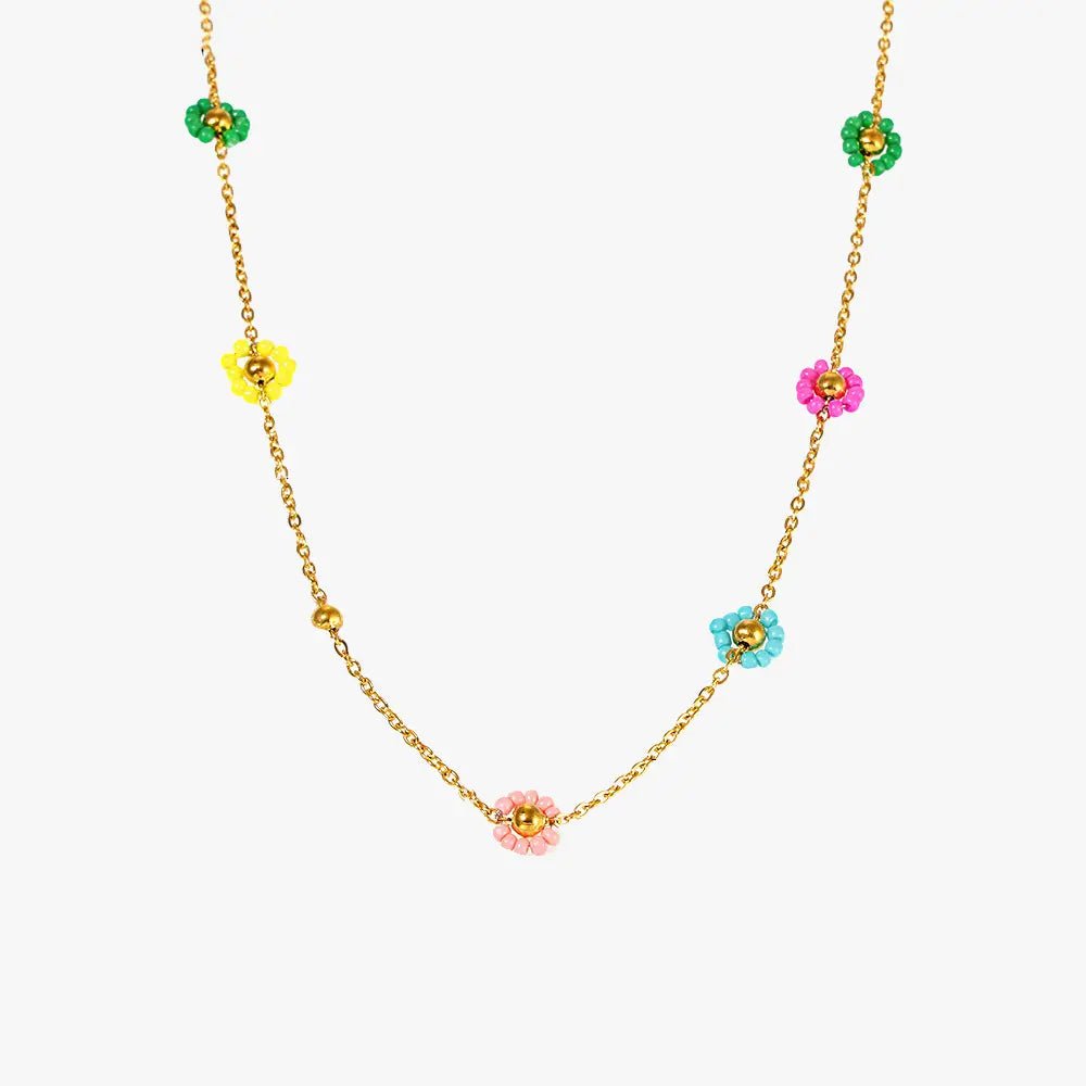 Handcrafted Stainless Steel Necklace with Colorful Glass Bead Flowers - mifjewelry