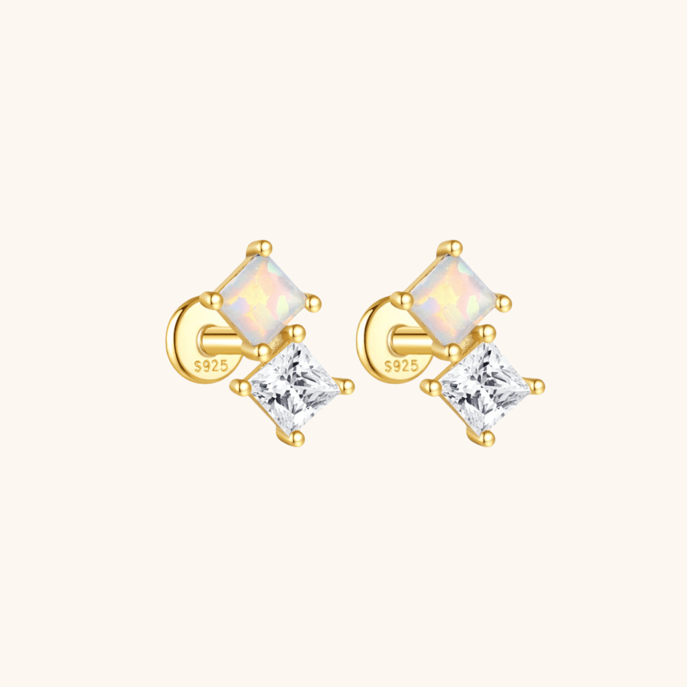 Opal & Zirconia Double Square Labret Stud Earrings - mifjewelry