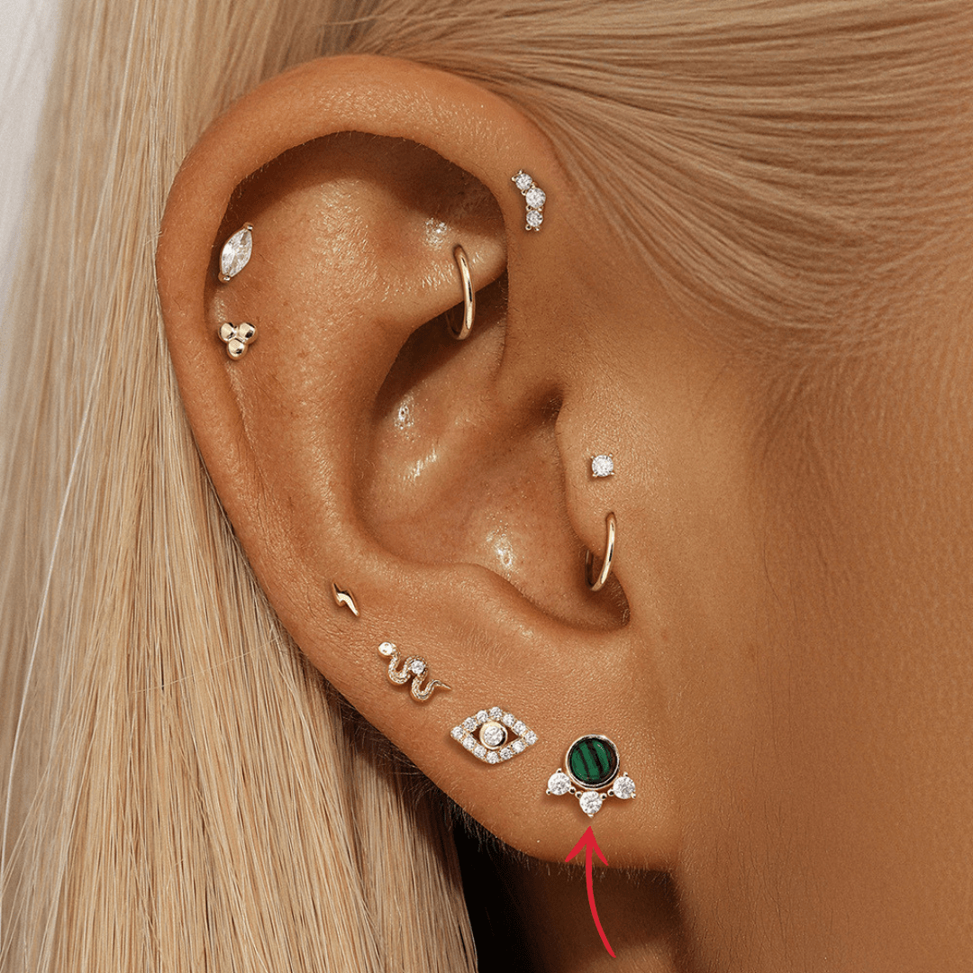 (Single) 14K Solid Gold Earring with Green Stone and Zirconia - mifjewelry
