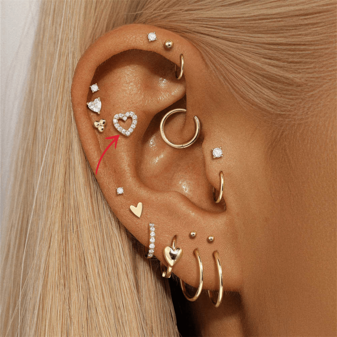 (Single) 14K Solid Gold Heart - shaped Outline Stud Earring with Zirconia - mifjewelry
