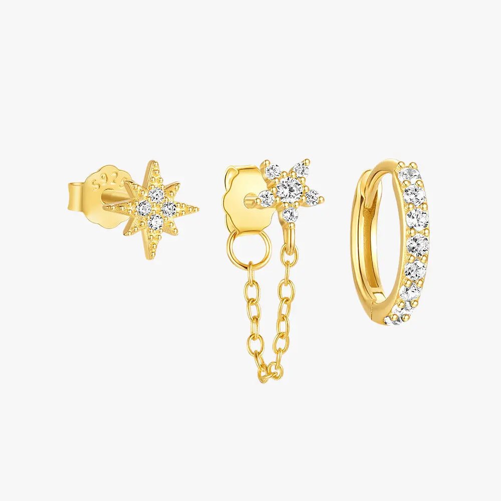 Star Zircon Chain Stud & Hoop Earring Set - mifjewelry