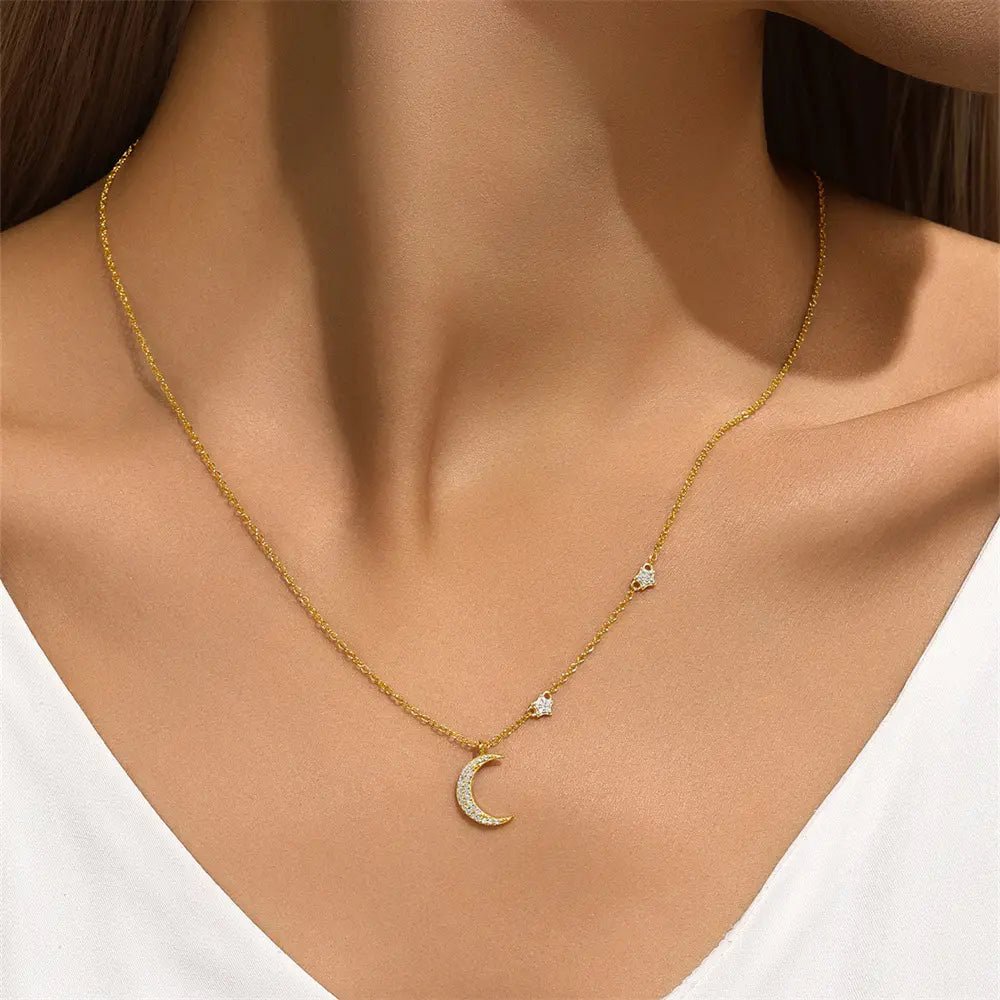Sterling Silver Crescent Moon and Star Pendant Necklace - mifjewelry