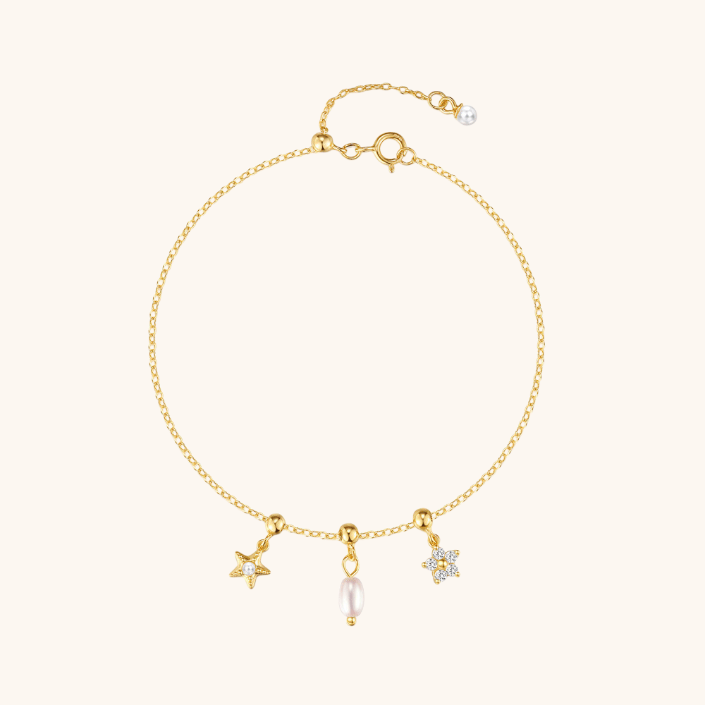 Sterling Silver Pearl Starfish and Flower Charm Bracelet - mifjewelry