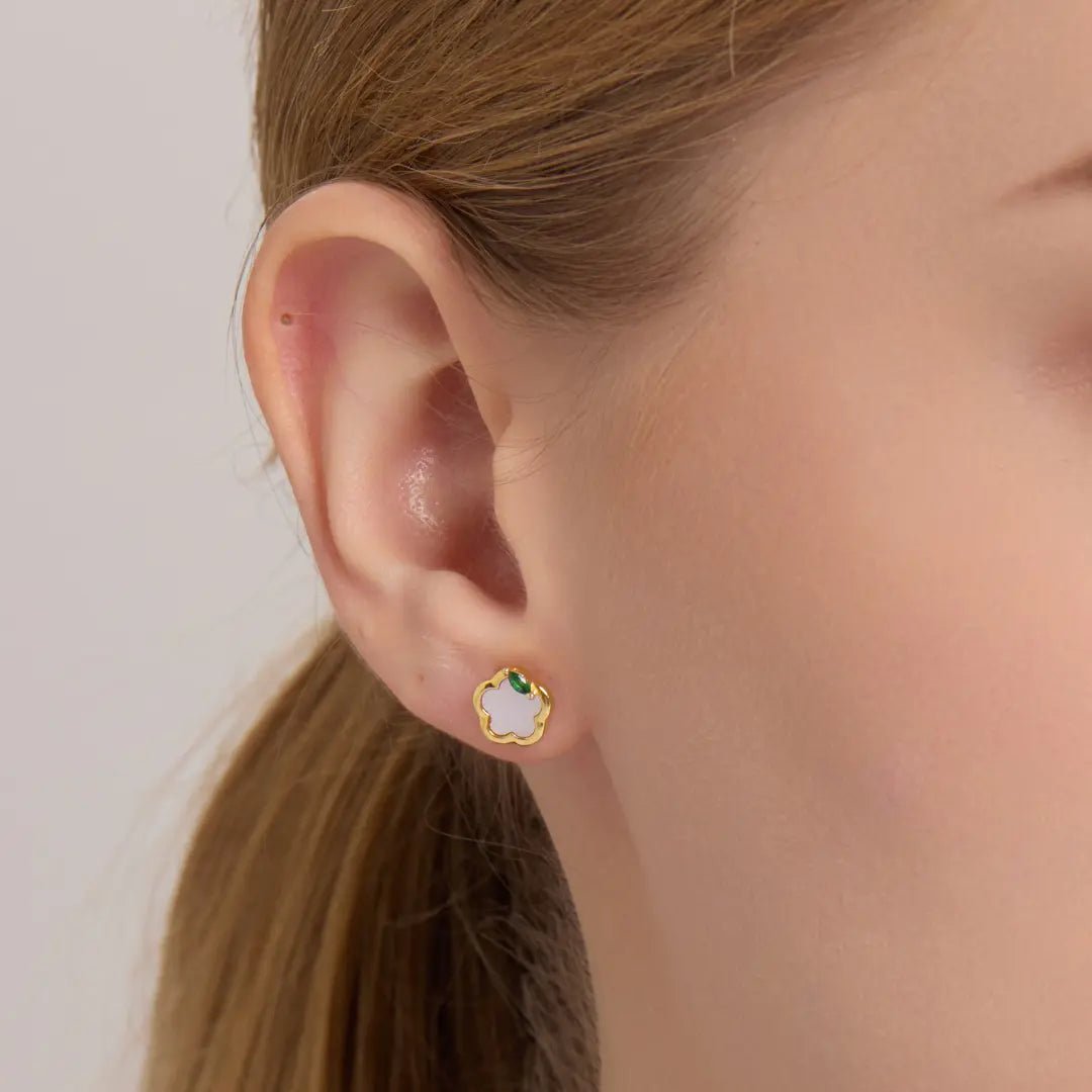 White Shell Flower Stud Earrings with Green Zircon Accent - mifjewelry