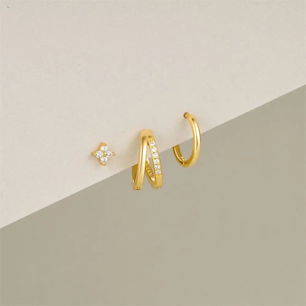 Zircon Cross Stud & Double Hoop Earring Set - mifjewelry