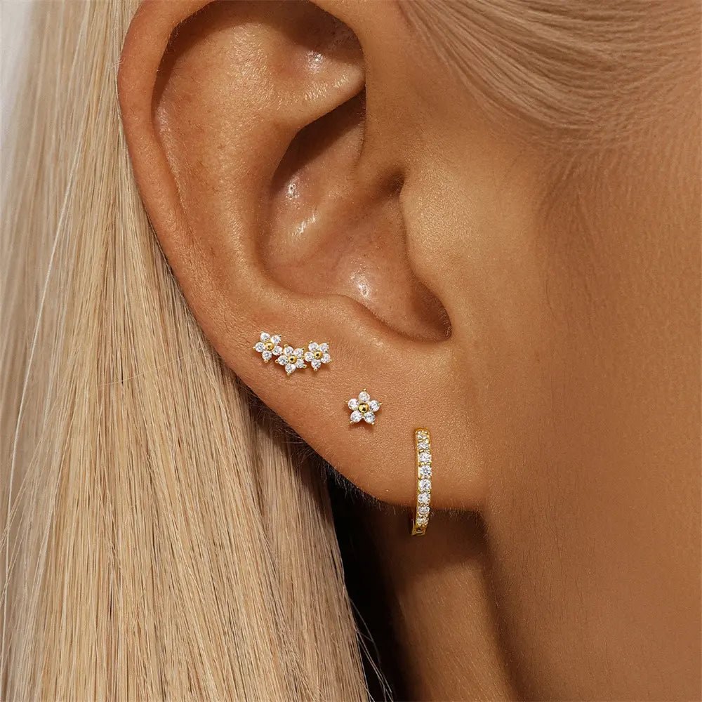 Zircon Floral Stud and Crystal Hoop Earring Set - mifjewelry