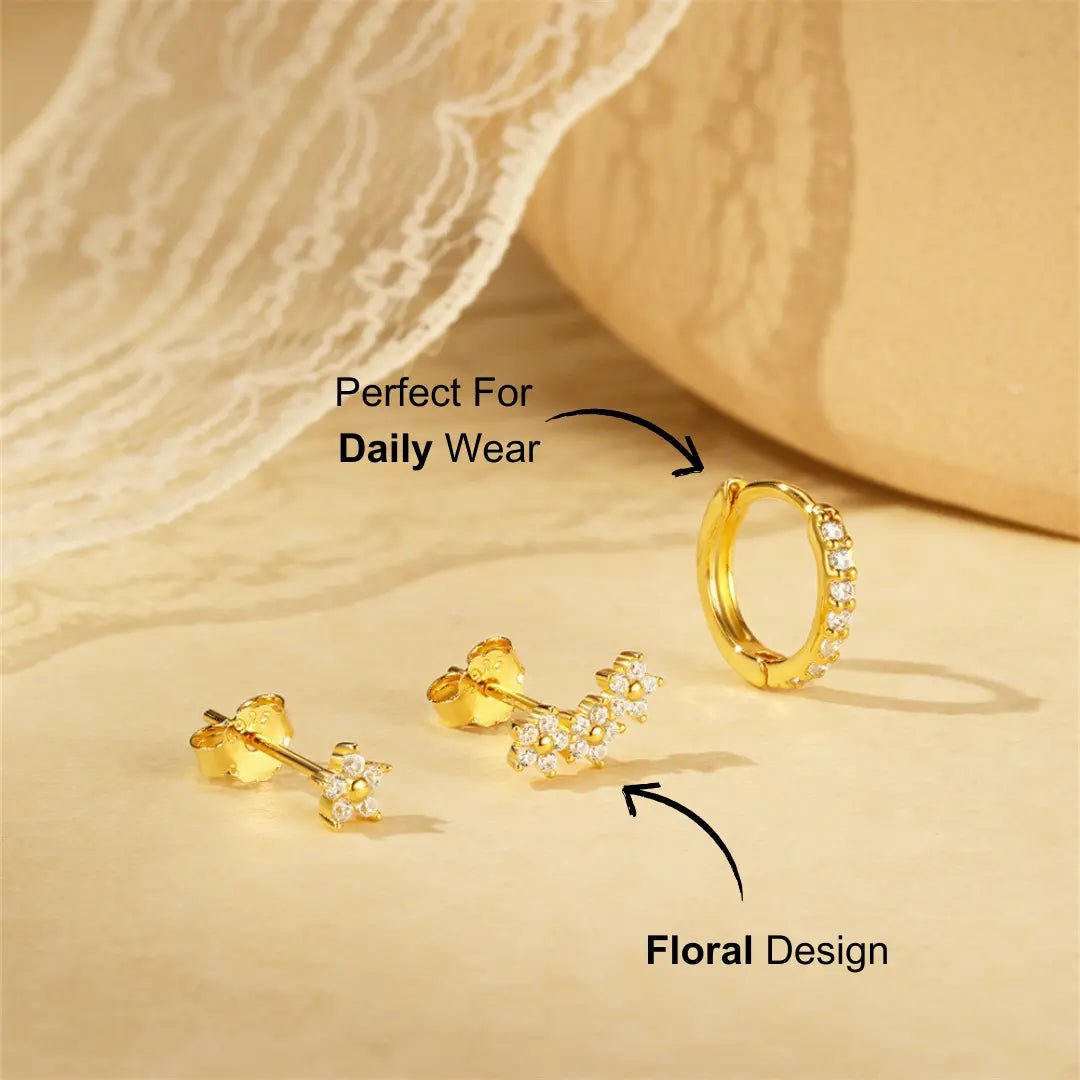 Zircon Floral Stud and Crystal Hoop Earring Set - mifjewelry