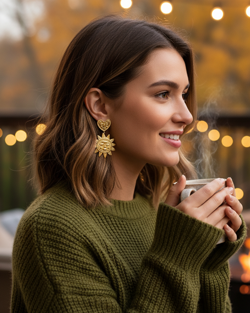 Woman wearing gold earrings and holding a cup outdoors with warm lighting