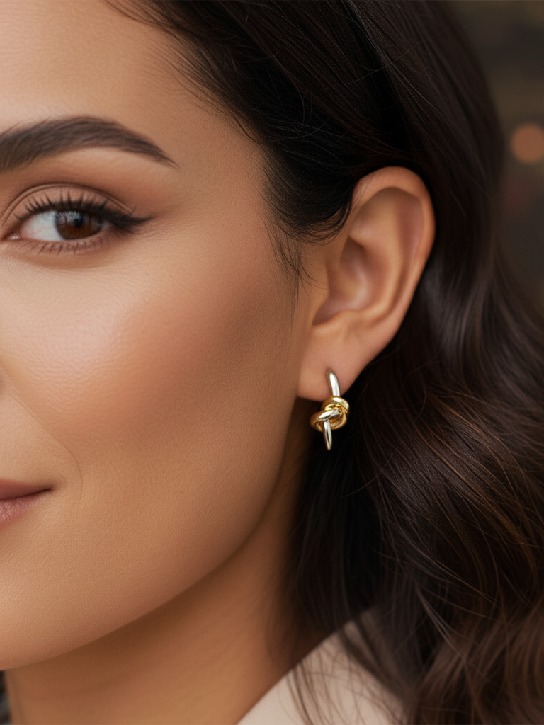 Close-up of a woman wearing a gold earring with a blurred background