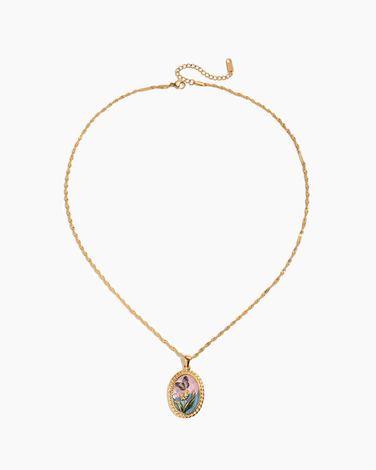 Vintage Floral Oval Pendant Necklace