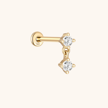 (Simple) Boucle d'oreille pendante en or massif 14 carats avec double zircone