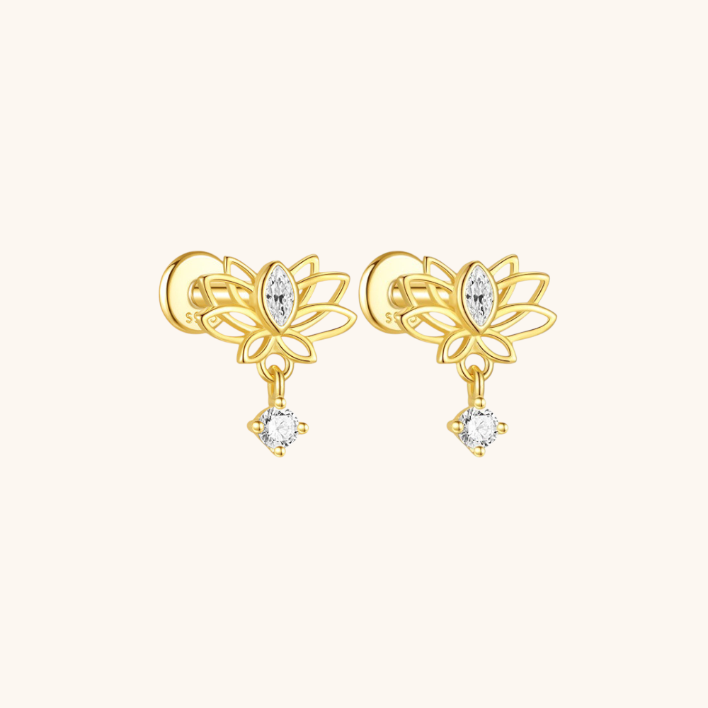 Lotus and Teardrop Zirconia Drop Stud Earrings