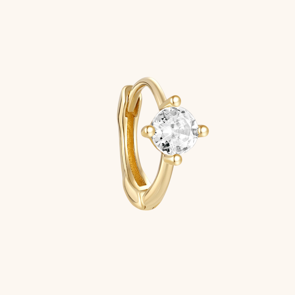 (Unique) Boucle d'oreille créole solitaire en or massif 14 carats avec zircone
