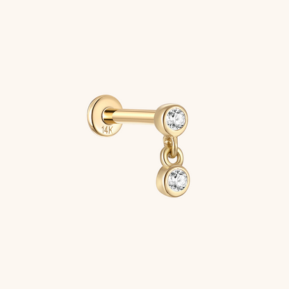 (Unique) Boucle d'oreille à tige pendante en or massif 14 carats avec double zircone