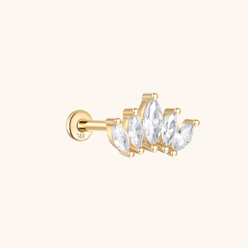 (Single) 14K Solid Gold Marquise Cluster Stud Earring with Zirconia