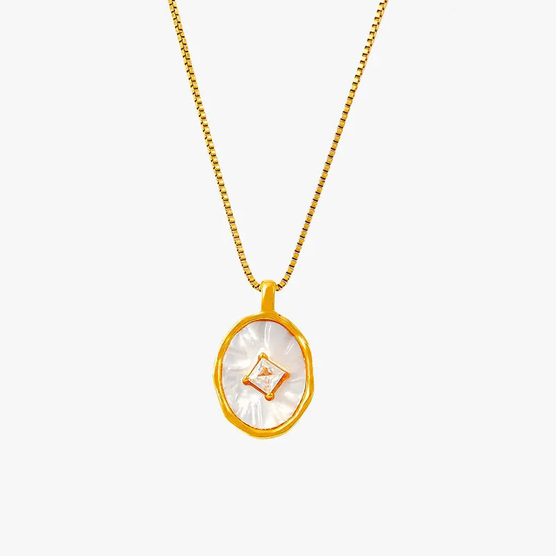 14K gold-plated titanium steel pendant necklace featuring white mother-of-pearl.