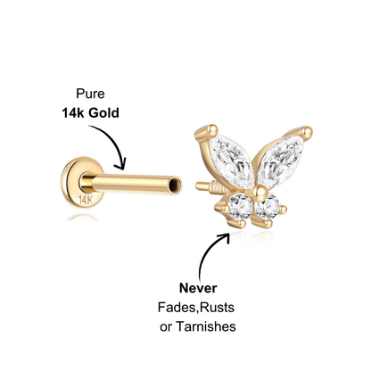 Side angle of the 14K gold butterfly stud earring showcasing its intricate design and sparkling zirconia stones.