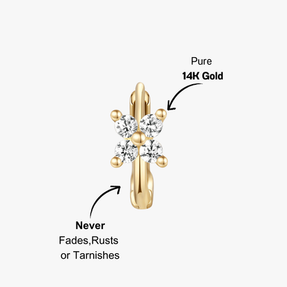 14K gold CZ clover hoop earrings with cubic zirconia, minimalist design perfect for any occasion