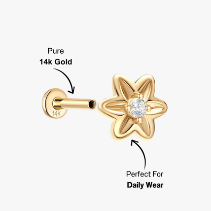 14K gold CZ flower stud earrings, minimalist design with sparkling diamond, perfect for stylish daily wear