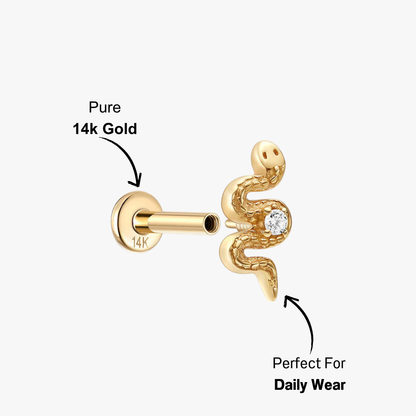 14K gold CZ snake stud earrings, delicate and stylish design with a sparkling diamond accent