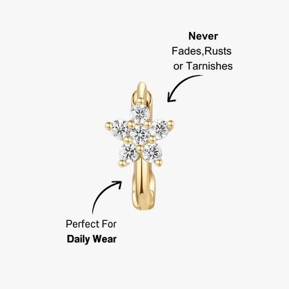 14K gold flower CZ hoop earrings featuring sparkling cubic zirconia, simple and elegant design perfect for any occasion