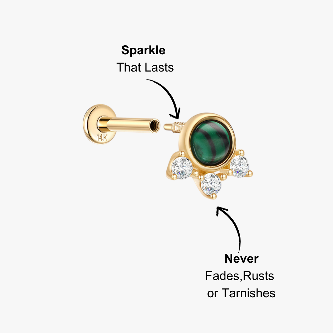 Gold stud earring with green tiger's eye and zirconia
