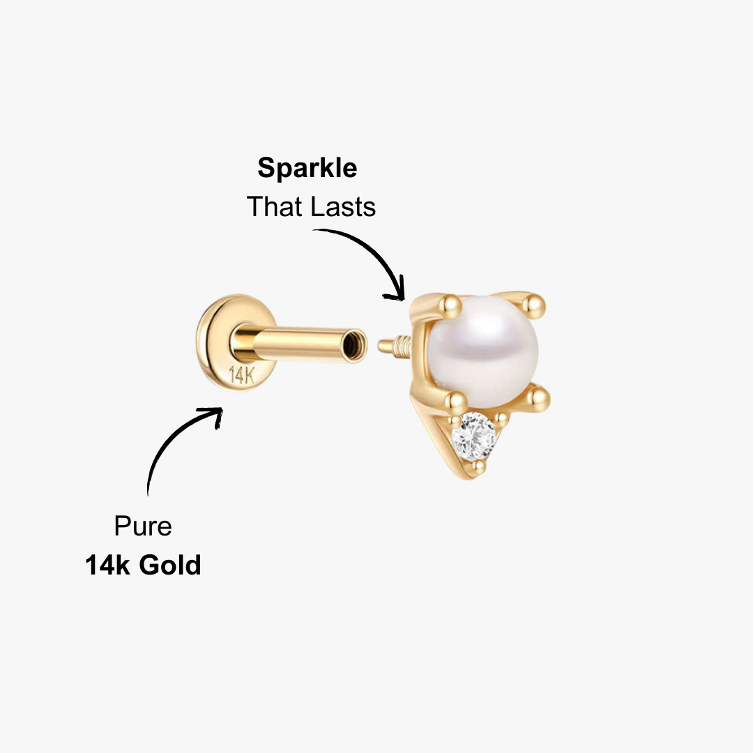 Gold stud earring with pearl and zirconia stones
