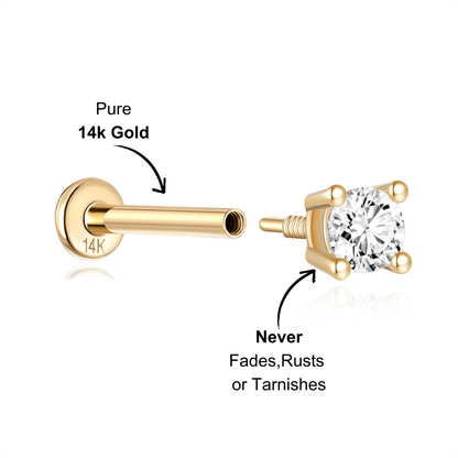 Close-up of the 14K gold solitaire zirconia stud earring with a sleek design.