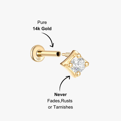 14K gold square CZ stud earrings, simple design, perfect for daily wear, sparkling and stylish