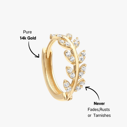 14K gold hoop earring featuring sparkling zirconia leaves