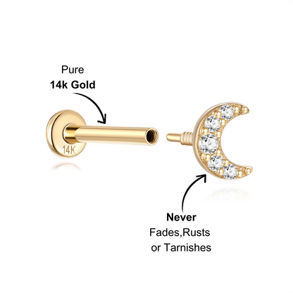 Side view of a 14K gold moon stud earring with zirconia stones showing its elegant design.
