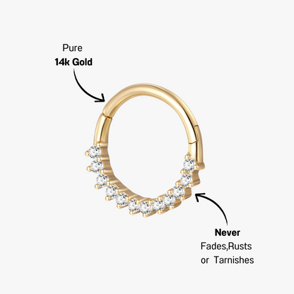 Side view of 14K gold cubic zirconia huggie earring, featuring a refined hoop design with a secure closure.