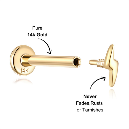 Back view of 14K gold lightning stud earring with a secure screw-back closure for a comfortable fit.