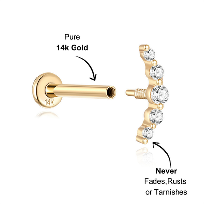 Side view of a 14K gold zircon climber earring, featuring a modern arc shape for an elegant ear stack.