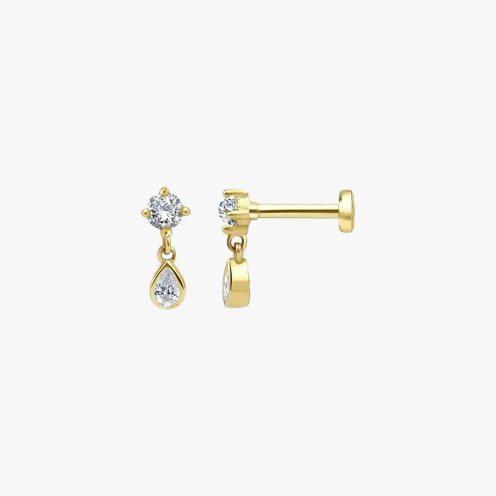 14k gold-plated teardrop-shaped zirconia stud earrings with a sparkling center stone