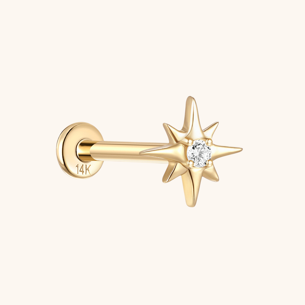 (Single) 14K Solid Gold Starburst Stud Earring with Zirconia